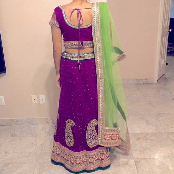 Purple and green velvet Indian Lehenga - Picture 2 of 2